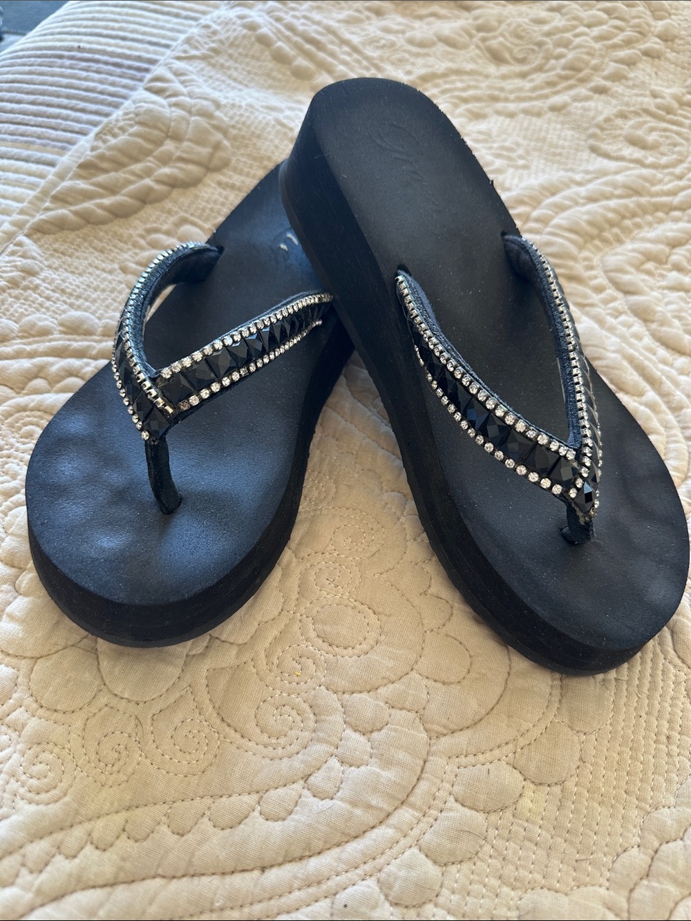 Grazie Black Rhinestone Platform Flip Flop Sandals